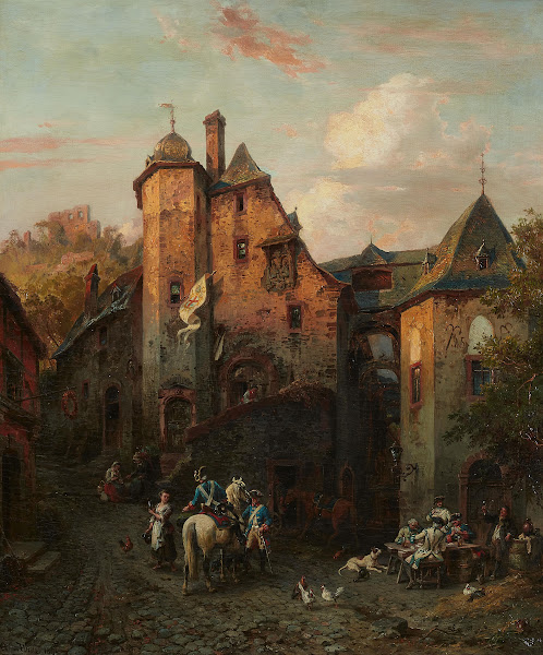Ansicht von Beilstein mit Soldaten vor einer Schänke 1883