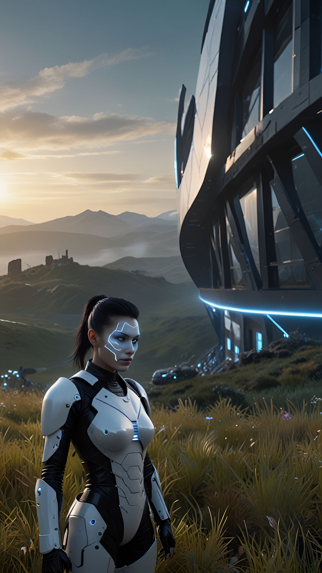 Female Cyborg in Armor Standing Before Futuristic Structure - Free 4K mobile Wallpaper