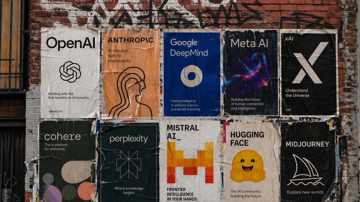 Crea un montaje de carteles pegados con engrudo en una pared de ladrillos en San Francisco con carteles de varios laboratorios de IA.