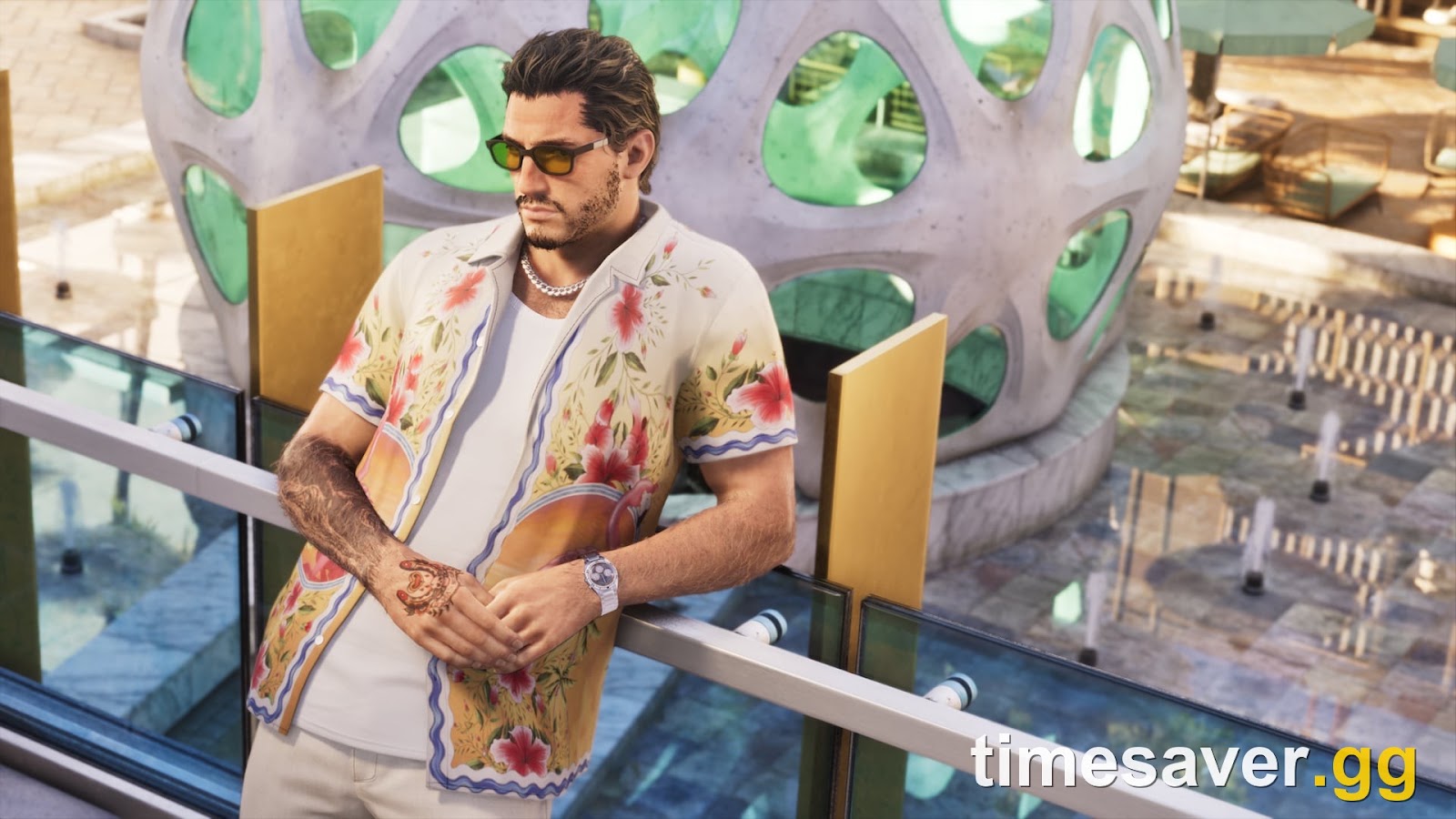 A GTA 6 character poses in a sunlit poolside terrace in Leonida, showing off the game's Vice City fashion and lighting — official Rockstar Games promotional screenshot.