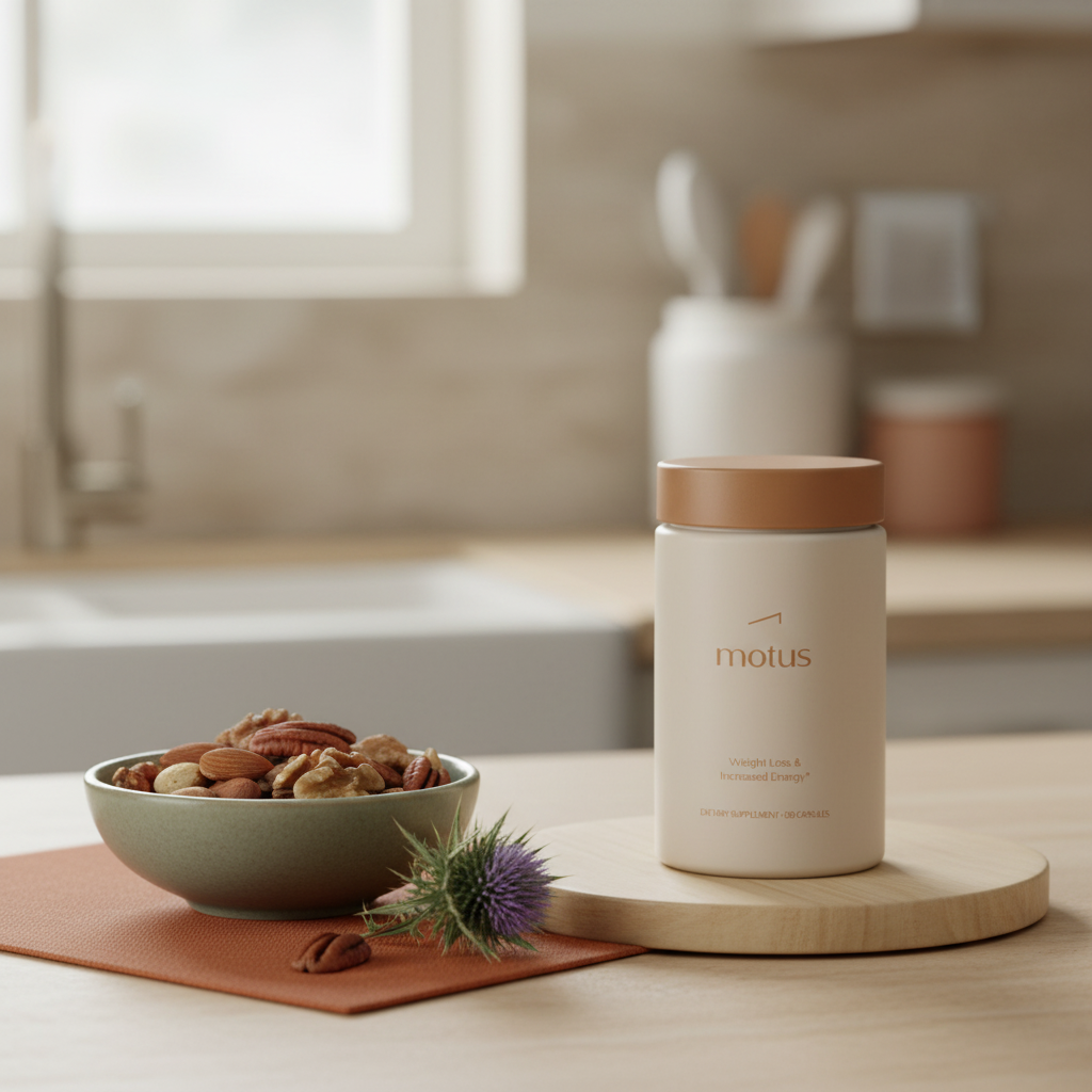 Tonum Nouro bottle on a beige counter beside a bowl of mixed nuts and a milk thistle sprig, minimalist still-life promoting brain fog remedies.