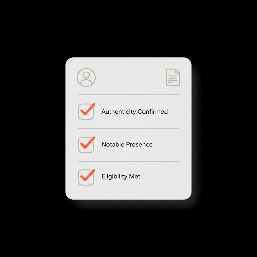 Minimal full-frame infographic checklist with ticked boxes, small profile avatar and document icon on black background representing steps for a TikTok verification badge