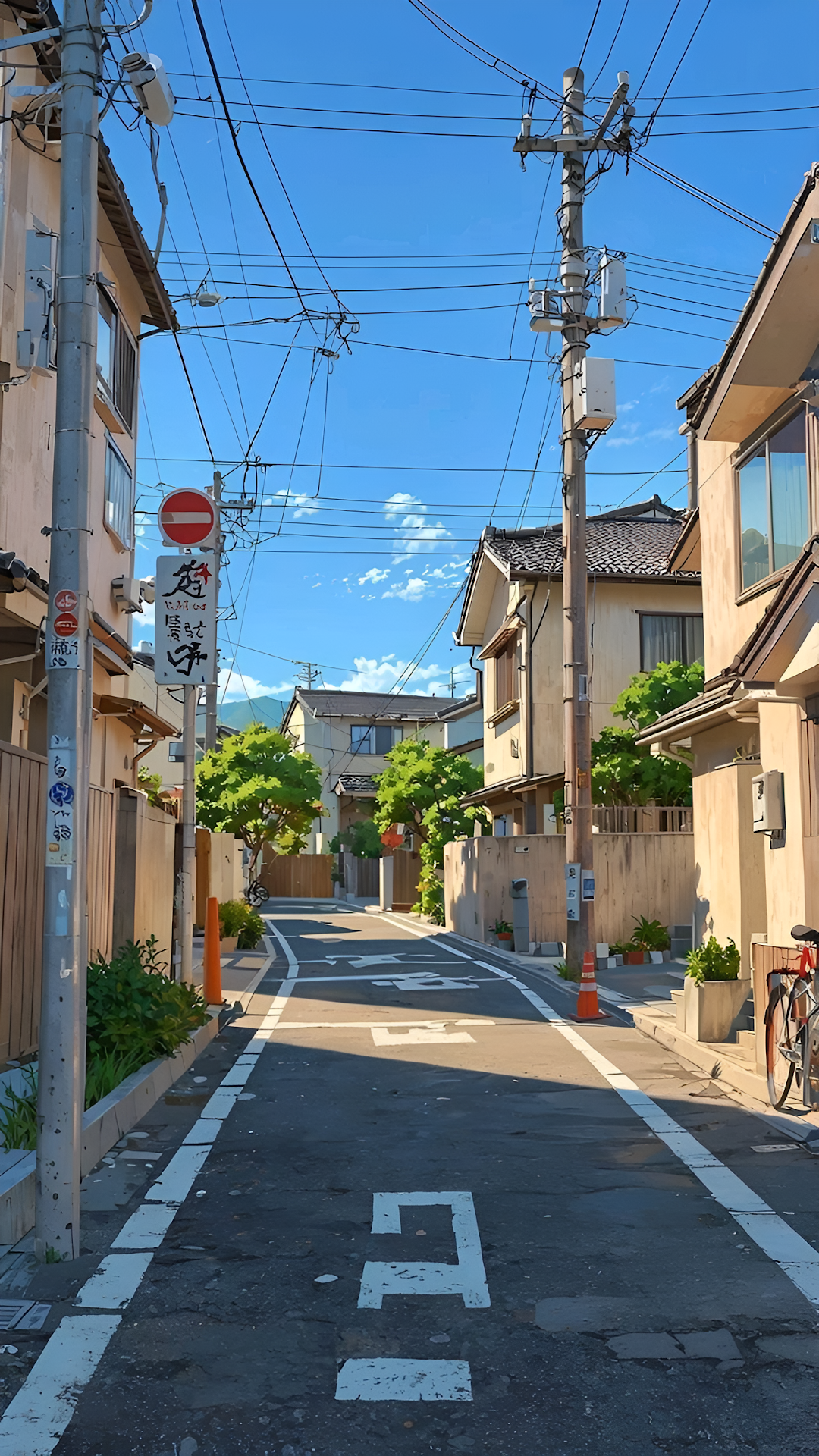 Peaceful Japanese Residential Street Anime Art Style - Free 4K mobile Wallpaper
