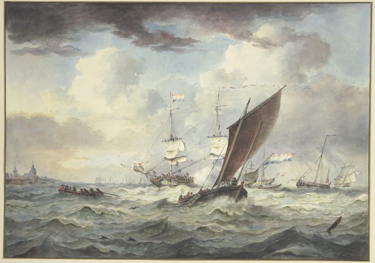 Stark bewegte See mit vielen Schiffen ein großes Schiff lädt eine Kanone davor e