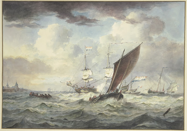 Stark bewegte See mit vielen Schiffen ein großes Schiff lädt eine Kanone davor e