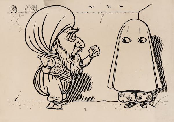 Twelve comic strip frames of Arabic woman running away with young man after argu