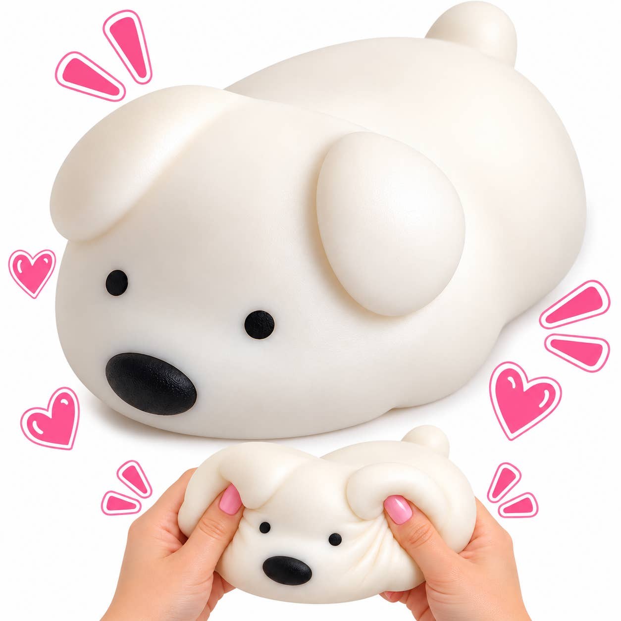 A jumbo white puppy dog squishy, eight inches long, lying on its front