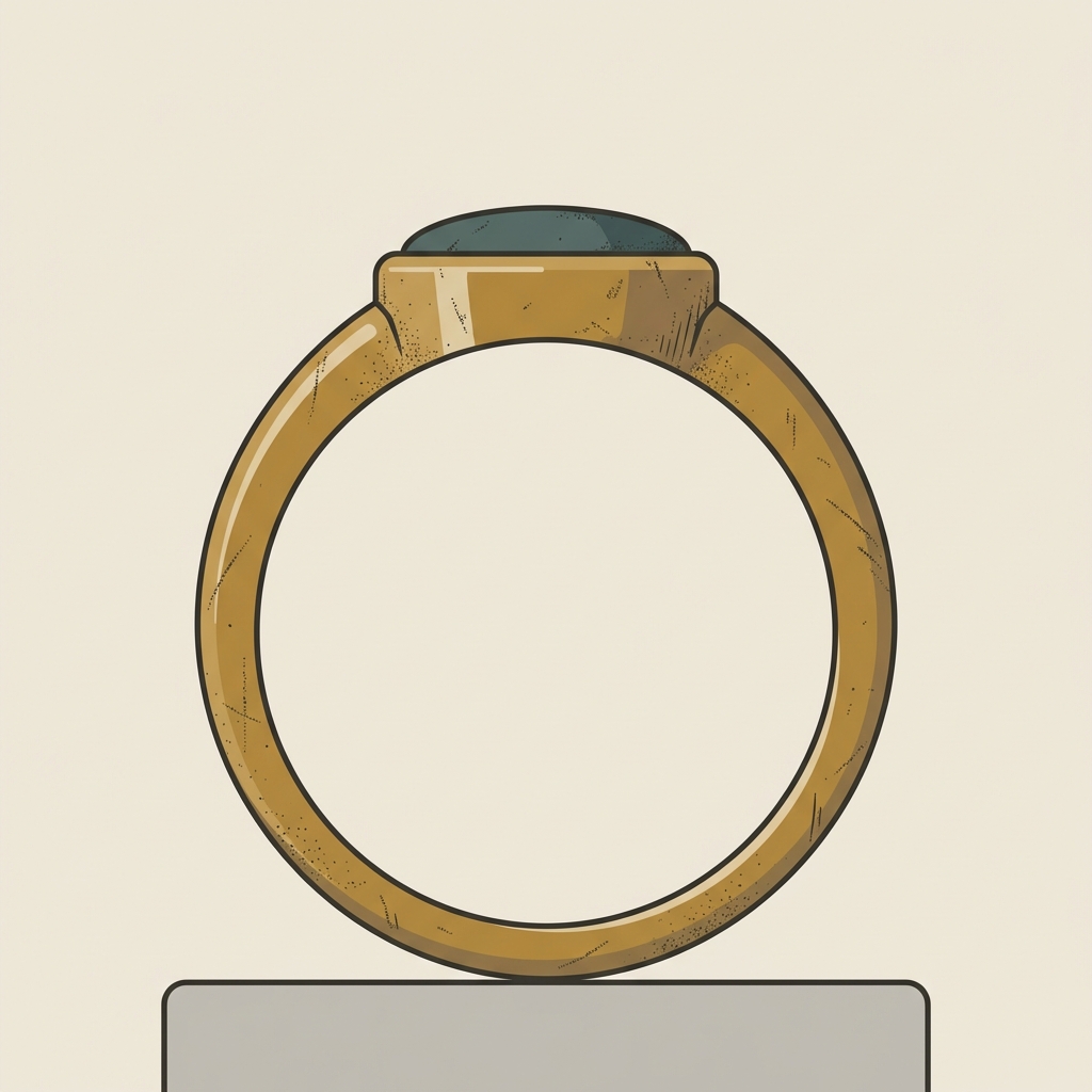 Minimalist 2D vector close up of a worn gold ring hoop and bezel with visible tool marks and patina in Aurora Antiqua palette showing egyptian rings