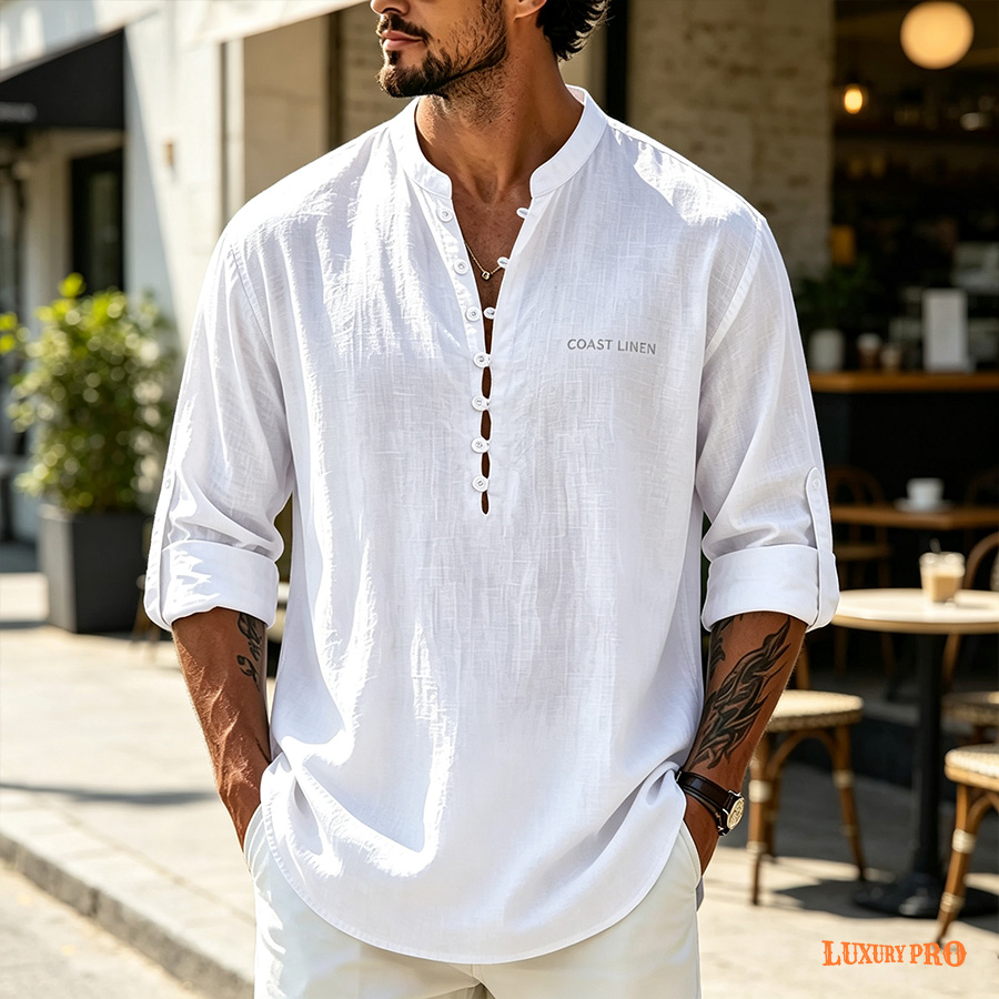 2D‑Linen‑look Stand‑collar Button‑front Shirt