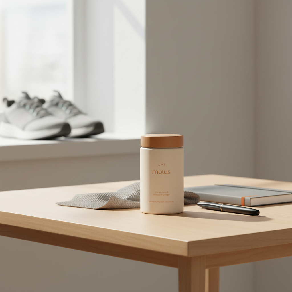 Minimalist morning scene with Motus supplement on a light wooden table beside a notebook and pen, walking shoes by a sunlit window illustrating what behavior contributes most to wellness