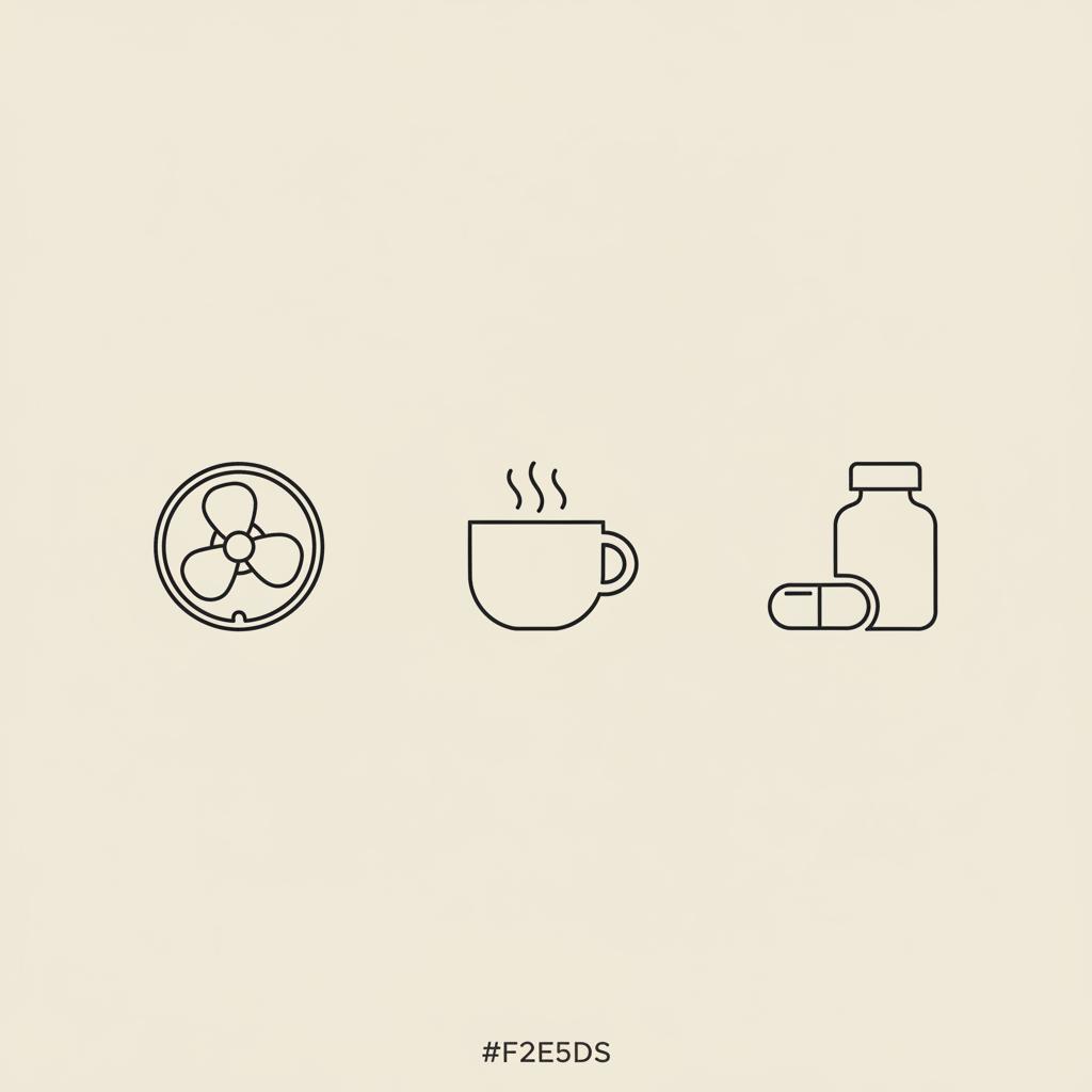 Minimal Tonum-style line illustration of a fan, steaming cup, and capsule bottle on beige background representing a 3 day detox concept.