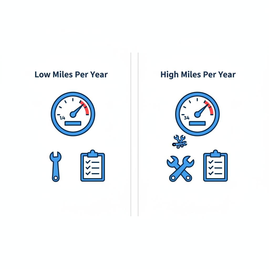 Minimalist 2D vector side by side comparison showing low miles per year with few maintenance and inspection icons versus high miles per year with more maintenance icons used toyota camry for sale