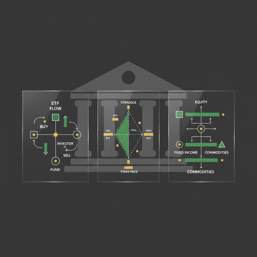 Minimal 2D vector illustration of a bank silhouette behind translucent ETF flow charts and options diagrams using Finance Police green and gold accents on dark background for crypto market news