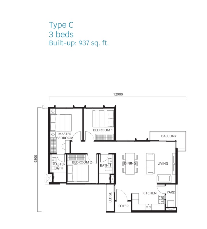 Stellaris Riana Dutamas Type C floor plan — 1030 sq ft, 3 bedrooms