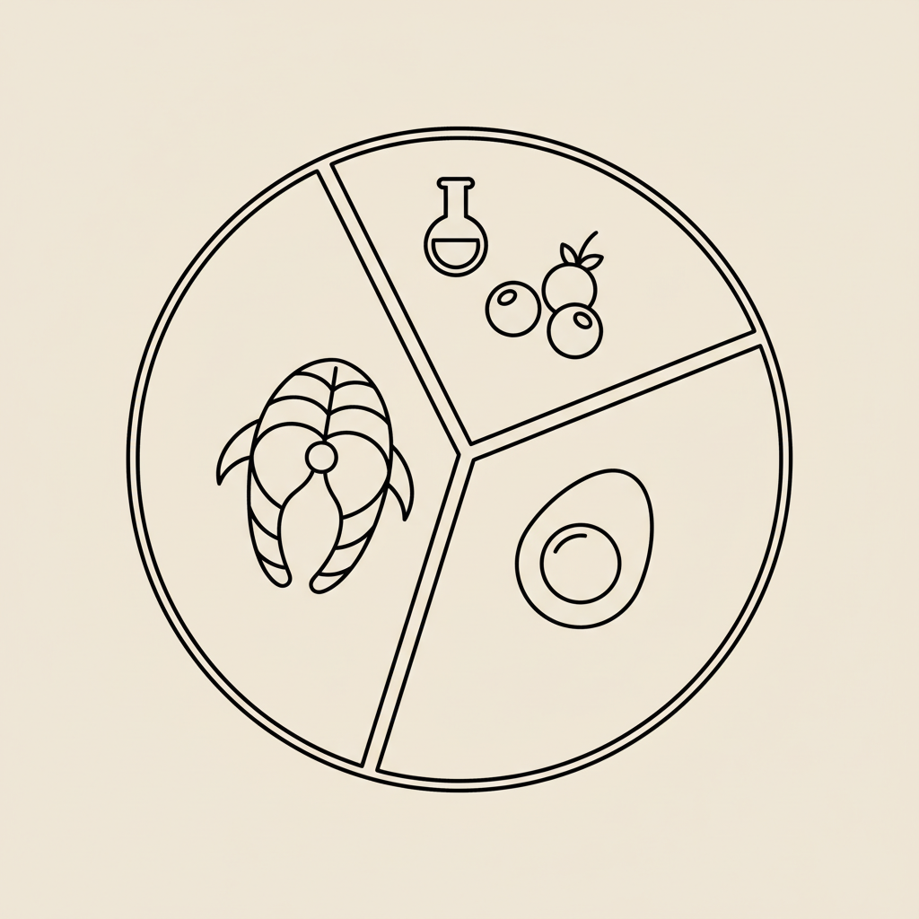 Minimalist Tonum-style vector plate divided into sections showing fish, berries, egg and a small lab vial on beige background for Metabolic Balance.