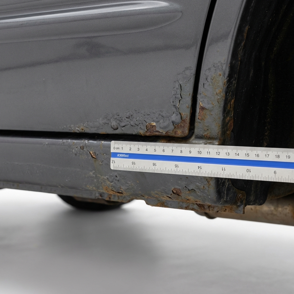 Close up of Jeep Grand Cherokee rocker panel and wheel arch with paint bubbling and surface rust next to ruler for scale on white background jeep grand cherokee for sale