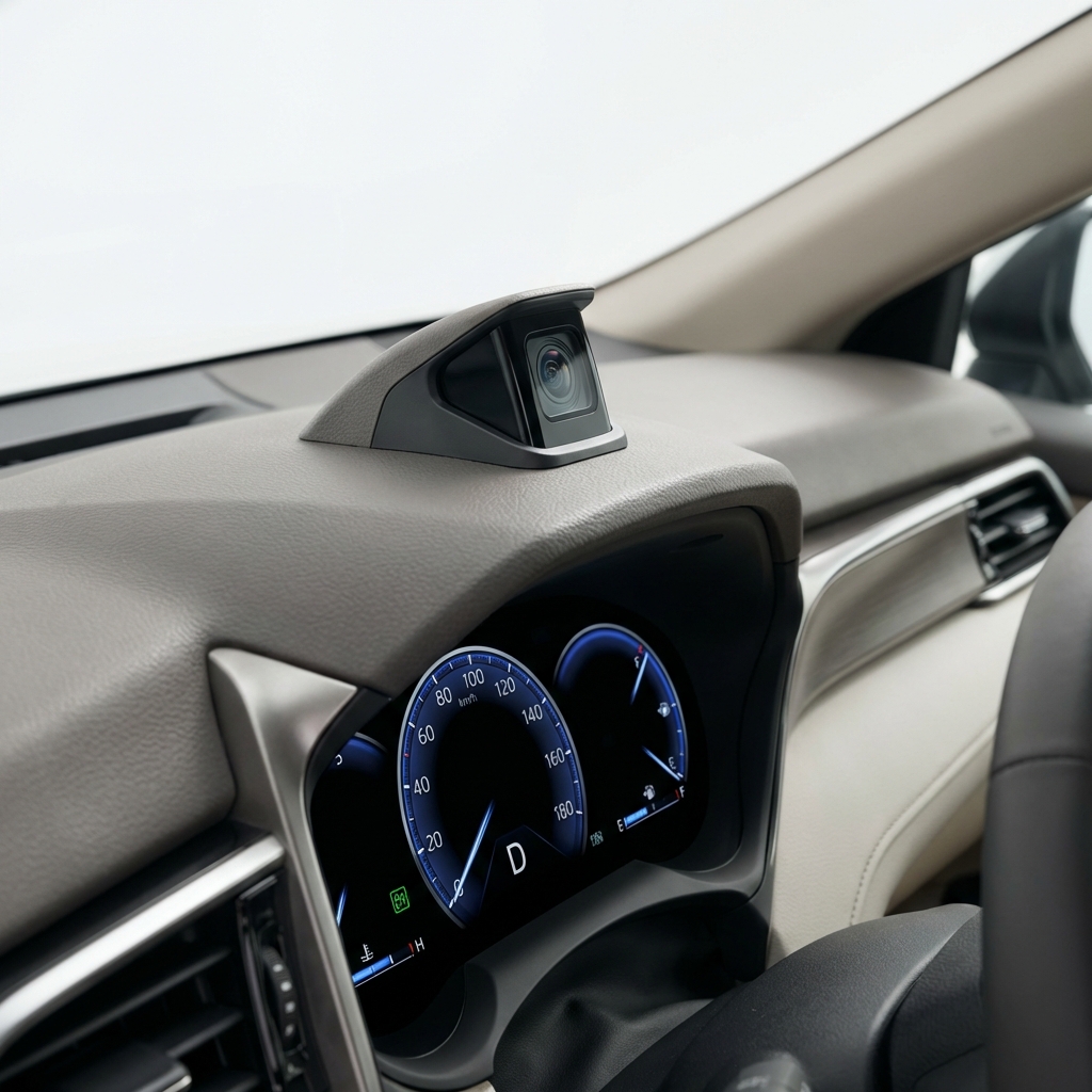 Close interior view of a Toyota Camry driver display and ADAS camera near windshield emphasizing instrument cluster and camera module used toyota camry for sale