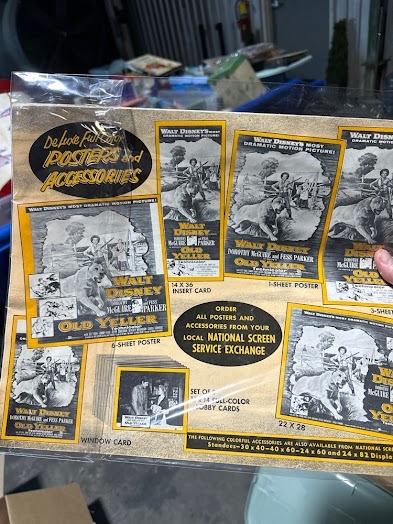 1957 NSS promotional press sheet for Old Yeller showing Insert, One-Sheet, Three-Sheet, Six-Sheet, and Window Card thumbnail formats, approximately 11 by 16 inches