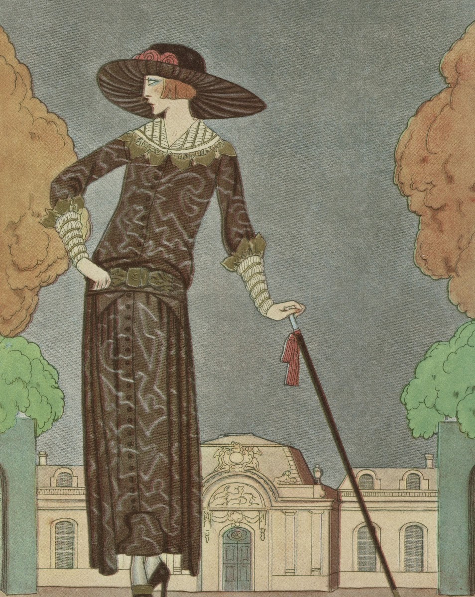 Gazette du Bon Ton 1922  No 8  La promeneuse mélancolique  Robe daprès midi de B