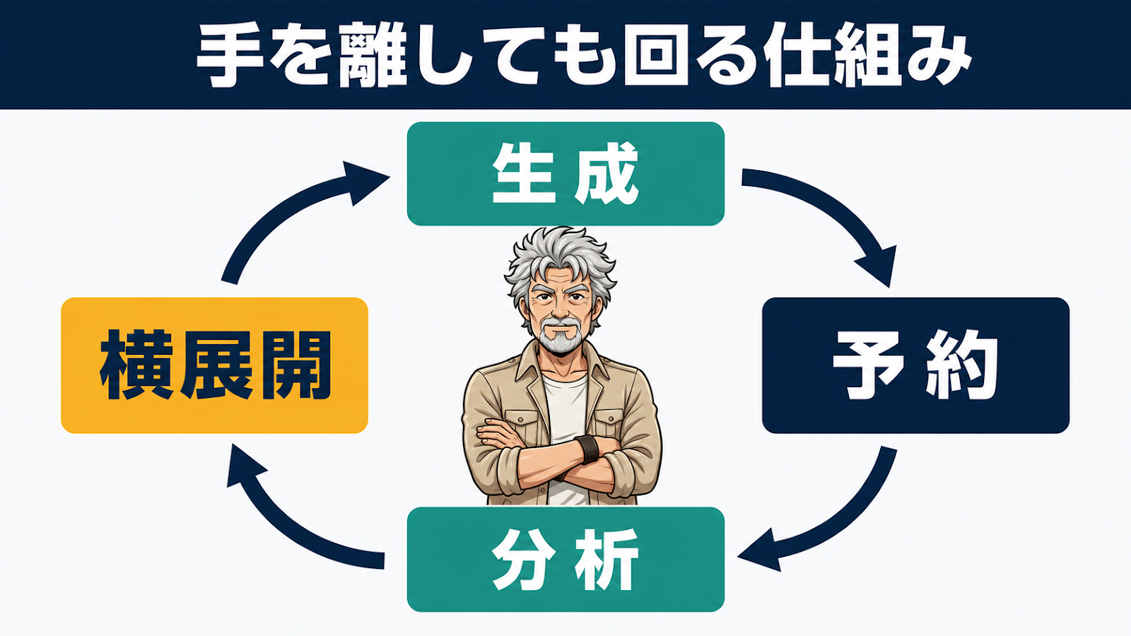 生成から予約、分析、横展開までが手を離しても回り続ける循環の図