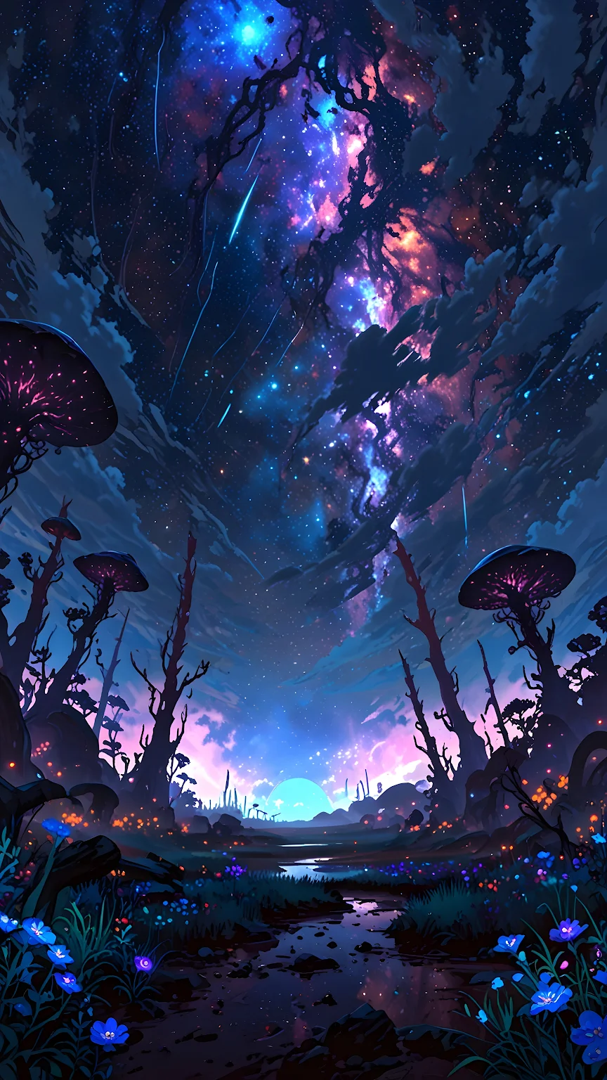 Cosmic Bioluminescent Forest Under a Nebula Sky