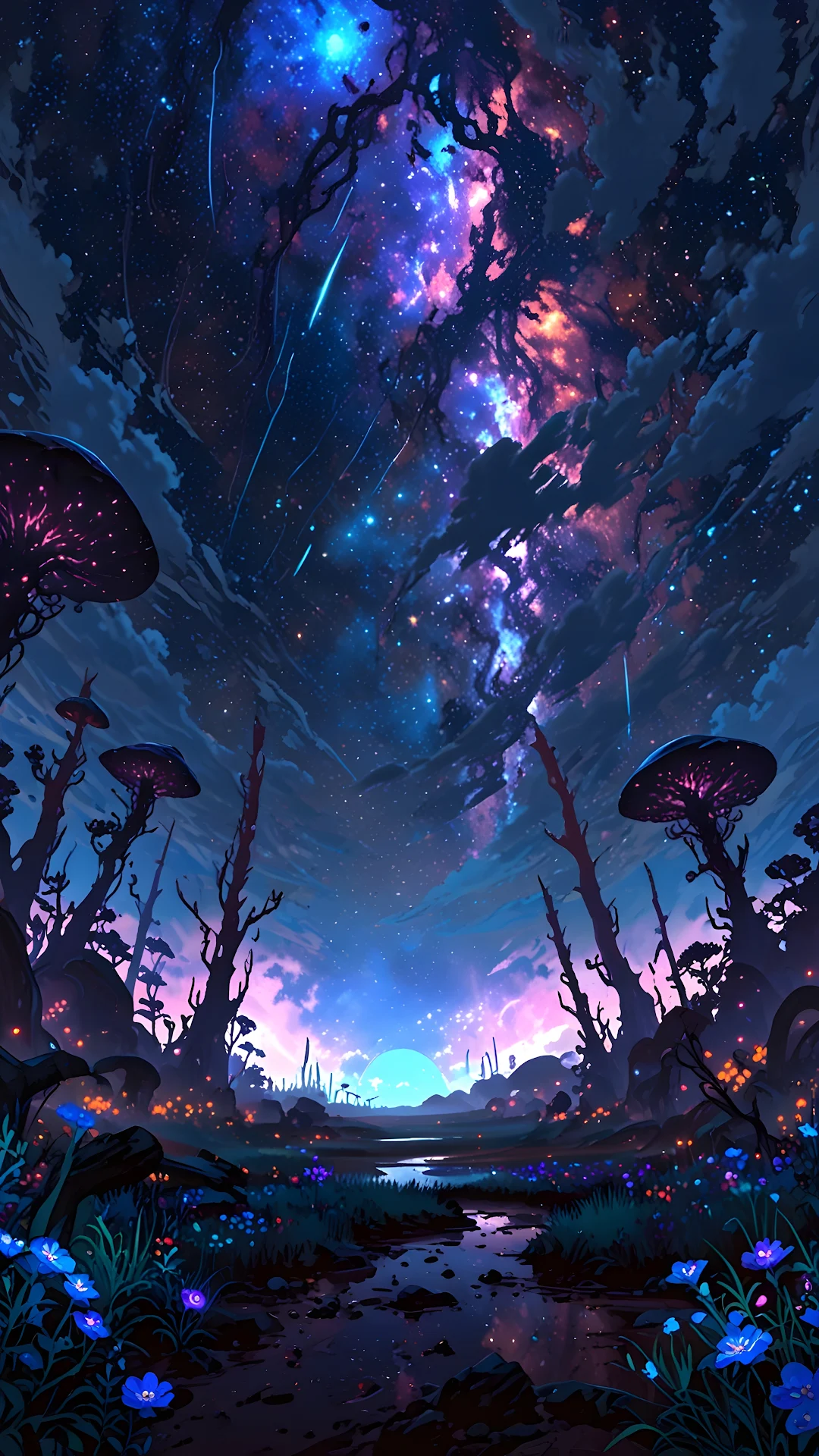 Cosmic Bioluminescent Forest Under a Nebula Sky - Free 4K mobile Wallpaper