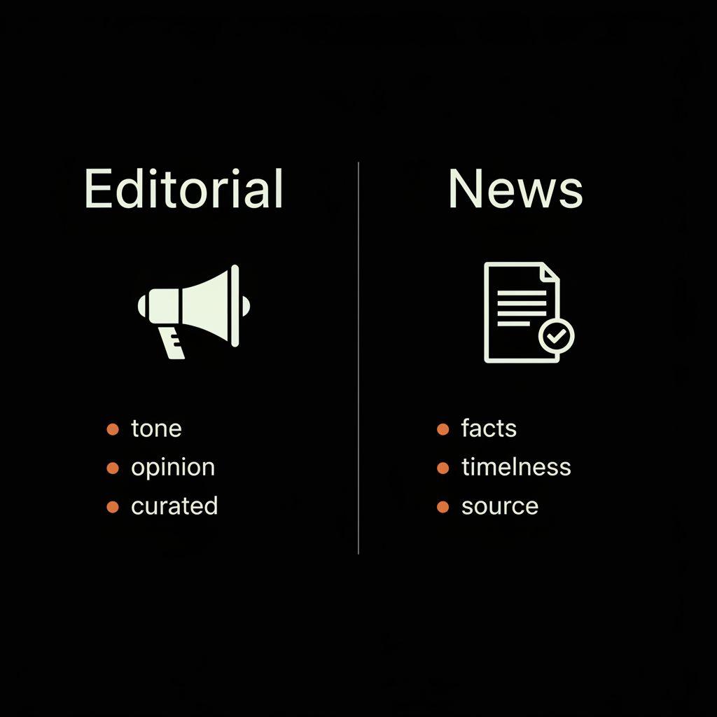 Minimalist two-column infographic comparing Editorial vs News with megaphone and document icons, short bullets highlighting differences; opposite of an editorial