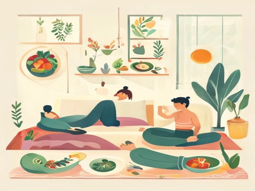 균형 잡힌 식단, 숙면을 취하는 사람, 스트레스 관리를 위한 명상 등 건강한 생활 습관을 보여주는 일러스트