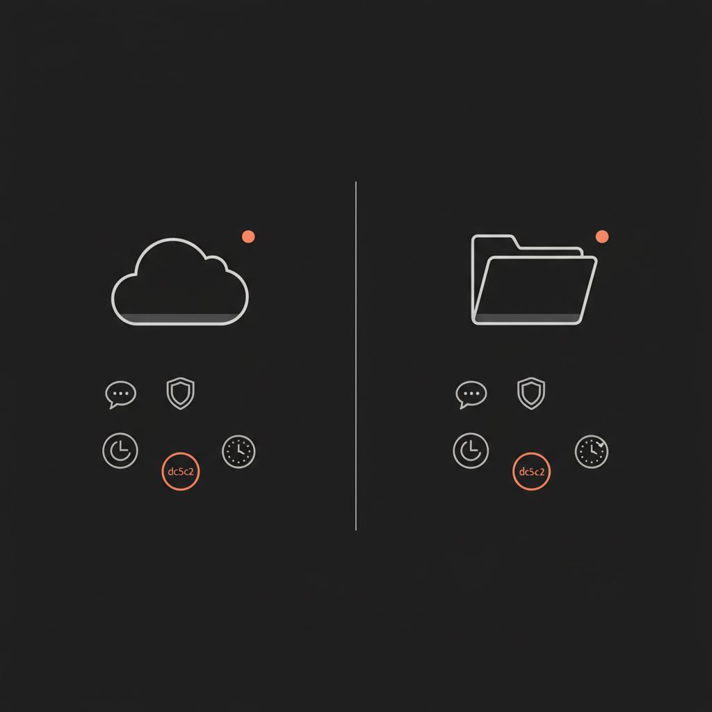 Minimal 2D vector infographic comparing cloud vs local backup to restore WhatsApp messages: two columns with cloud and folder icons, chat-bubble, shield and clock badges on black background.