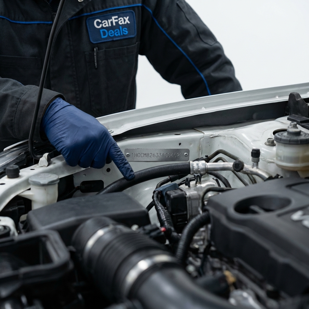 Close up of vehicle VIN plate and mechanic pointing at engine bay during a pre purchase inspection on white background in CarFax Deals style highlighting cheap vehicles for sale