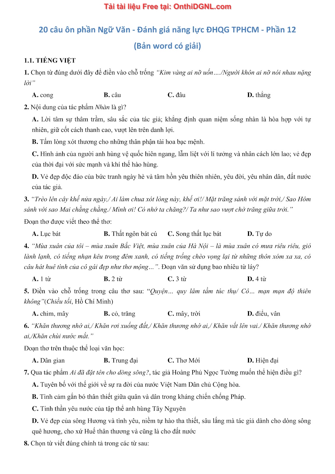 500 bài tập môn Ngữ Văn - Ôn thi ĐGNL ĐHQG TP HCM Phần 12