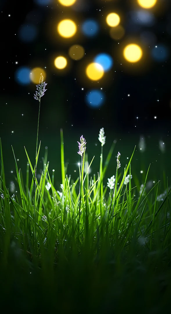 Magical Green Grass Field at Night with Glowing Bokeh Lights