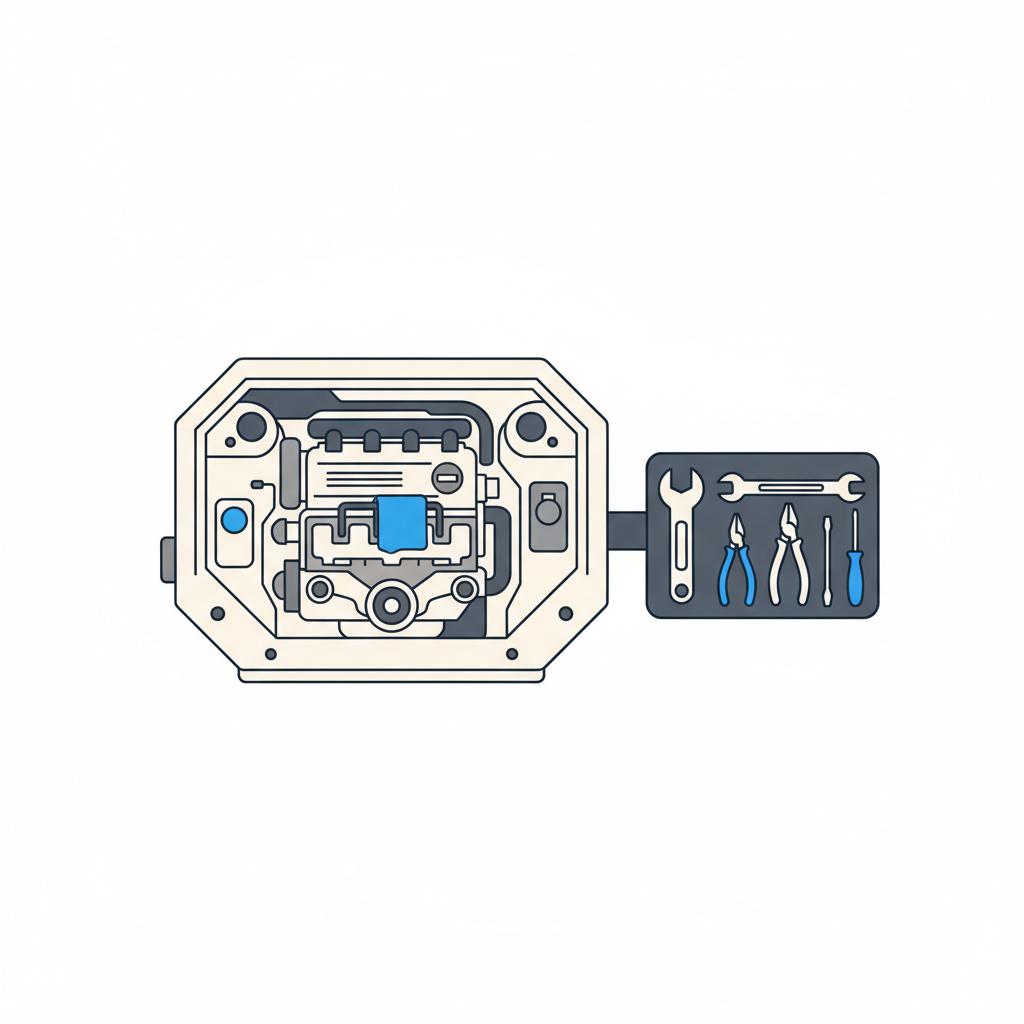 Minimalist 2D vector top down car engine bay with neatly arranged tools and a blue 3666ed accent on a shop rag representing most reliable used cars