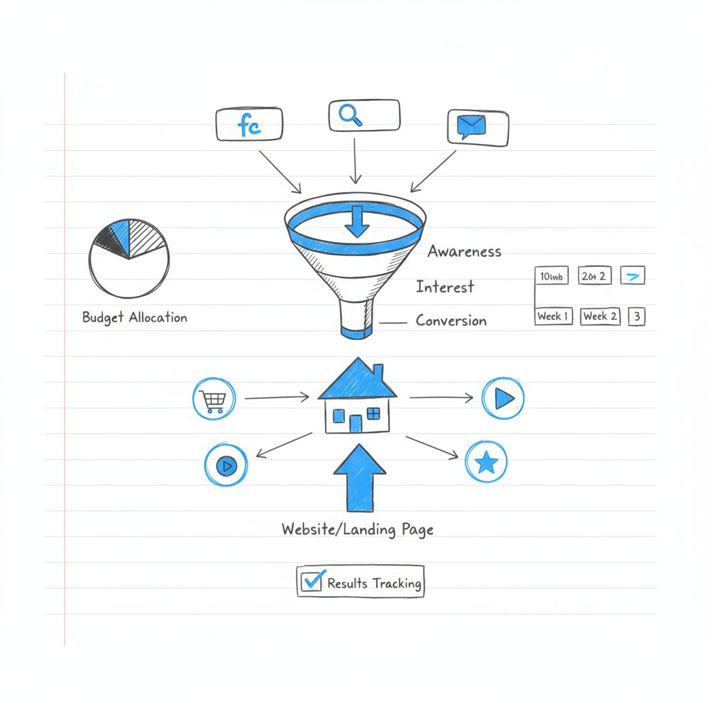 Minimal 2D vector neighborhood map sketch with pinned houses and icons for social ads, property video, and lead form illustrating facebook ads cost for real estate planning.