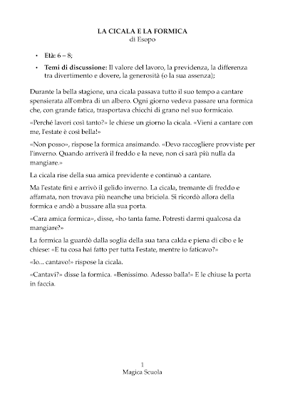 Anteprima della prima pagina: LA CICALA E LA FORMICA (Esopo) - Testo per insegnanti