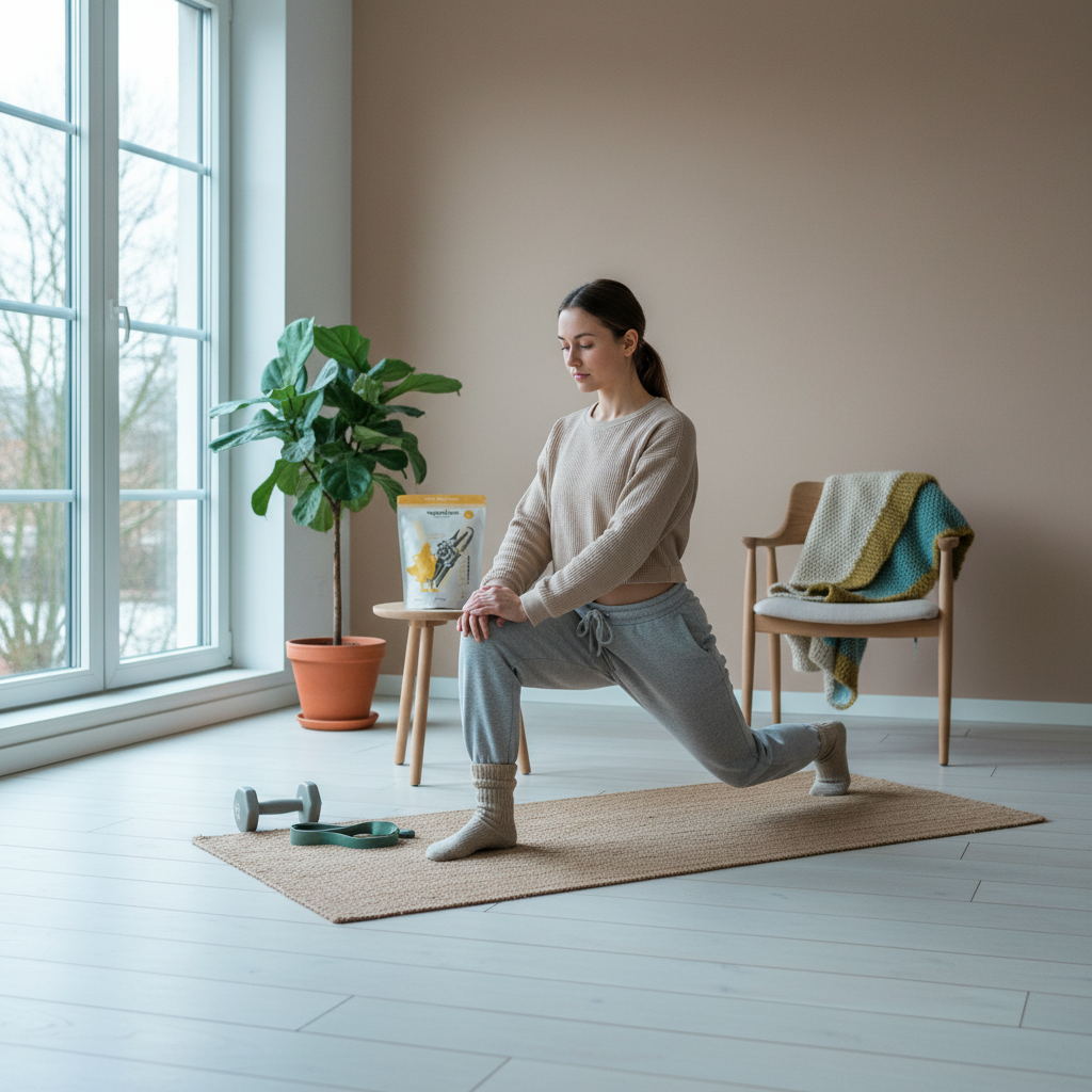 Minimalistisches Home-Workout im hellen Wohnzimmer mit Yogamatte, Holzfußboden, Topfpflanzen und Winterlicht; ruhige skandinavische Atmosphäre, Motivation und pflanzliches Protein.