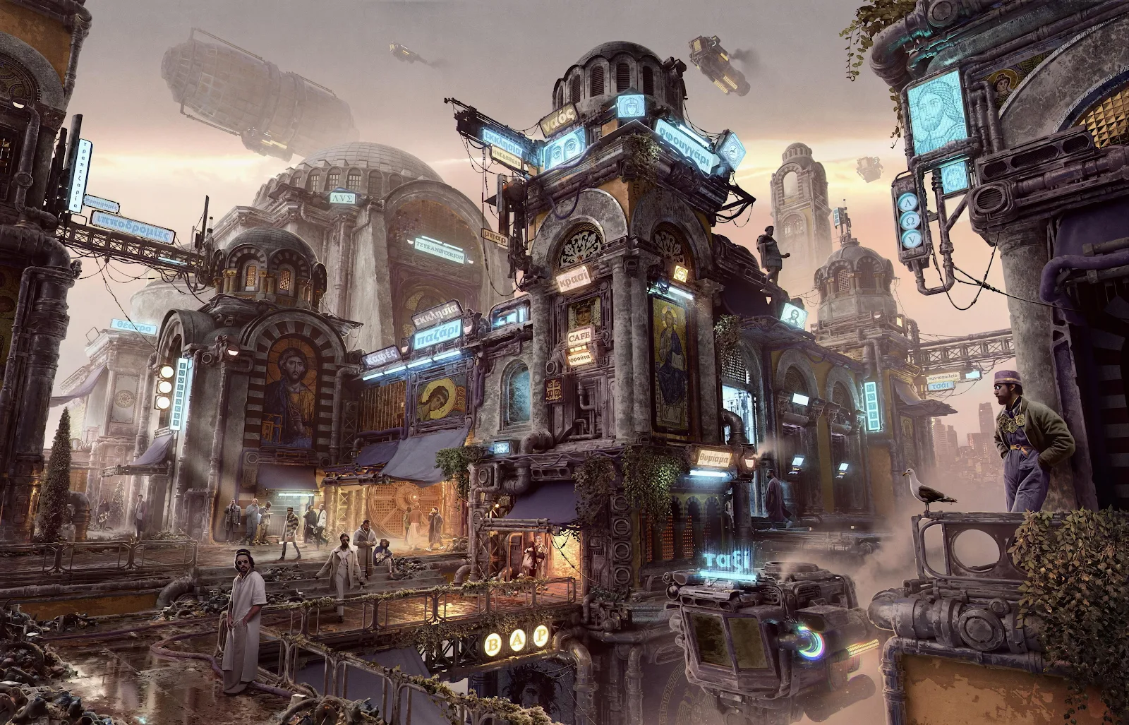 Futuristic Byzantine Cyberpunk Cityscape - Cyberpunk Digital Art 4K Wallpaper (3840x2464)