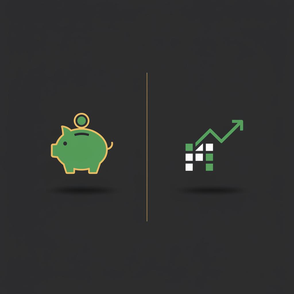 Minimal 2D vector side by side comparison of green piggy bank and fractional share icon illustrating savings versus stock investing how to invest into stocks for beginners