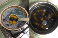 Nấu một nồi nước sôi, cho viên khoai lang và bí vào luộc chín mềm, có màu trong, nổi lên mặt nước là được. Vớt bột ra ngâm qua nước lọc cho nhanh nguội. Khi nào ăn vớt viên bột ra ly hoặc chén, chan nước đường hoặc sữa tươi và thêm đá, đào ngâm vào rồi thưởng thức thôi nè.