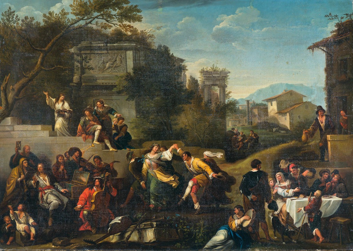 Musicians And Dancing Figures In An Ideal Landscape With Ruins And Buildings Bey