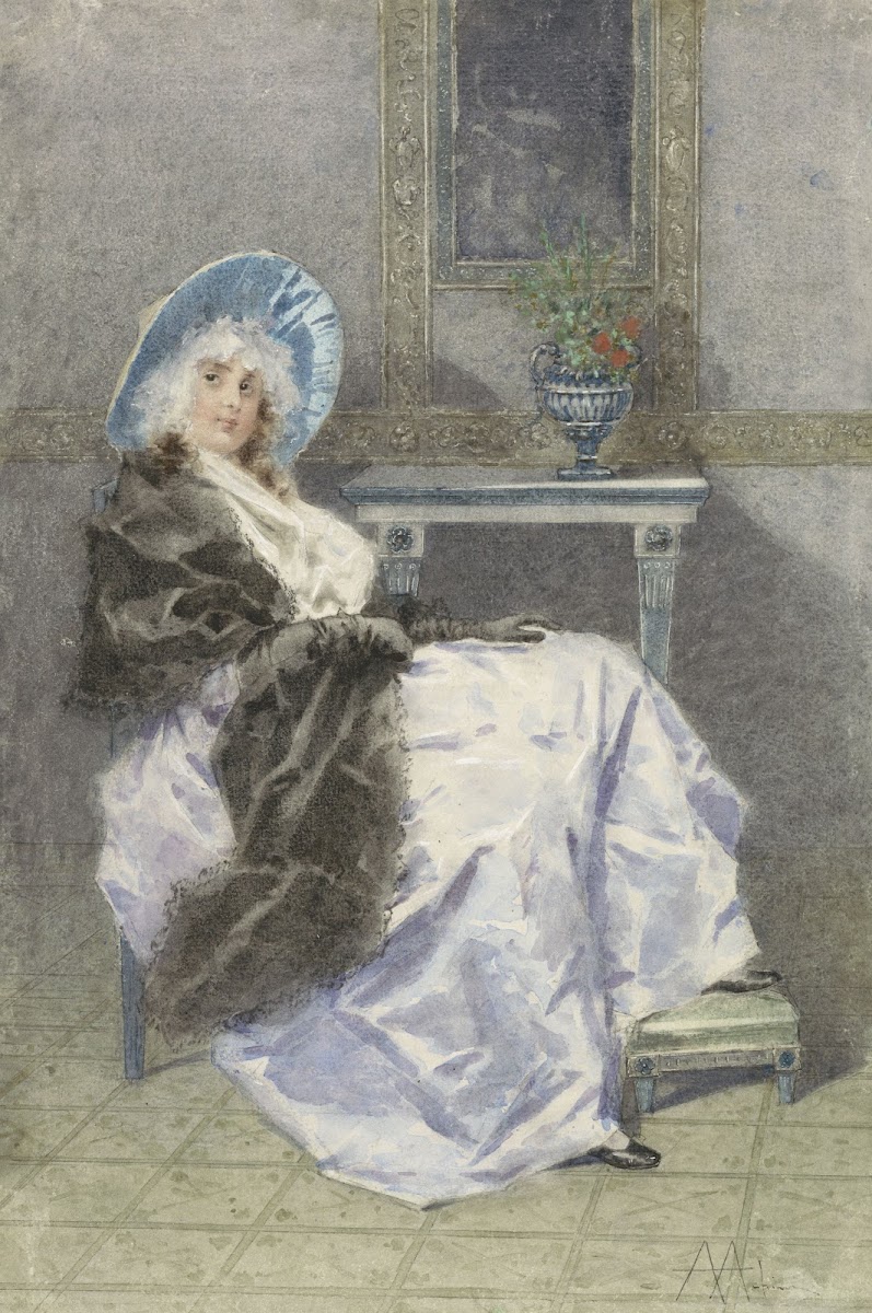 Zittende jonge vrouw met zwarte shawl en paarse rok 1860   1930