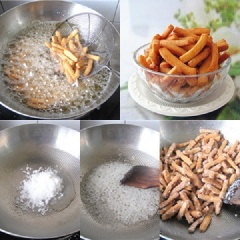 Đặt chảo lên bếp, đun sôi dầu, thả bột vào chiên vàng đều hai mặt rồi vớt ra cho ráo dầu. Vẫn chiếc chảo đó, đổ nước vào tráng qua, cho đường vào, cho tiếp quẩy vào đảo nhanh tay cho đường dính vào quẩy là được.