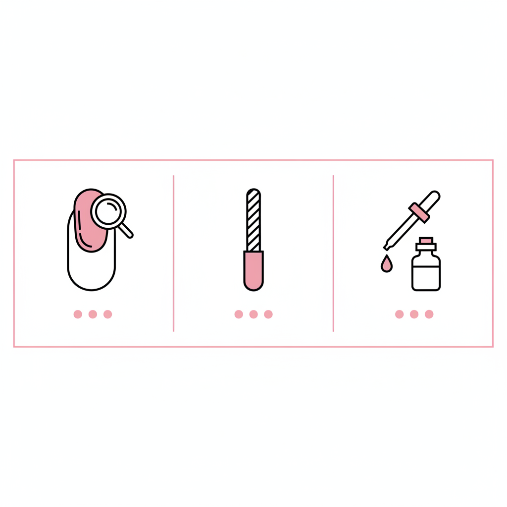 Minimalistische 3-teilige Vektor-Infografik mit Icons (Nagel mit Lupe, Feile, Ölfläschchen) auf weißem Hintergrund, Schritte zum Zahnpasta Nägel entfernen visualisiert