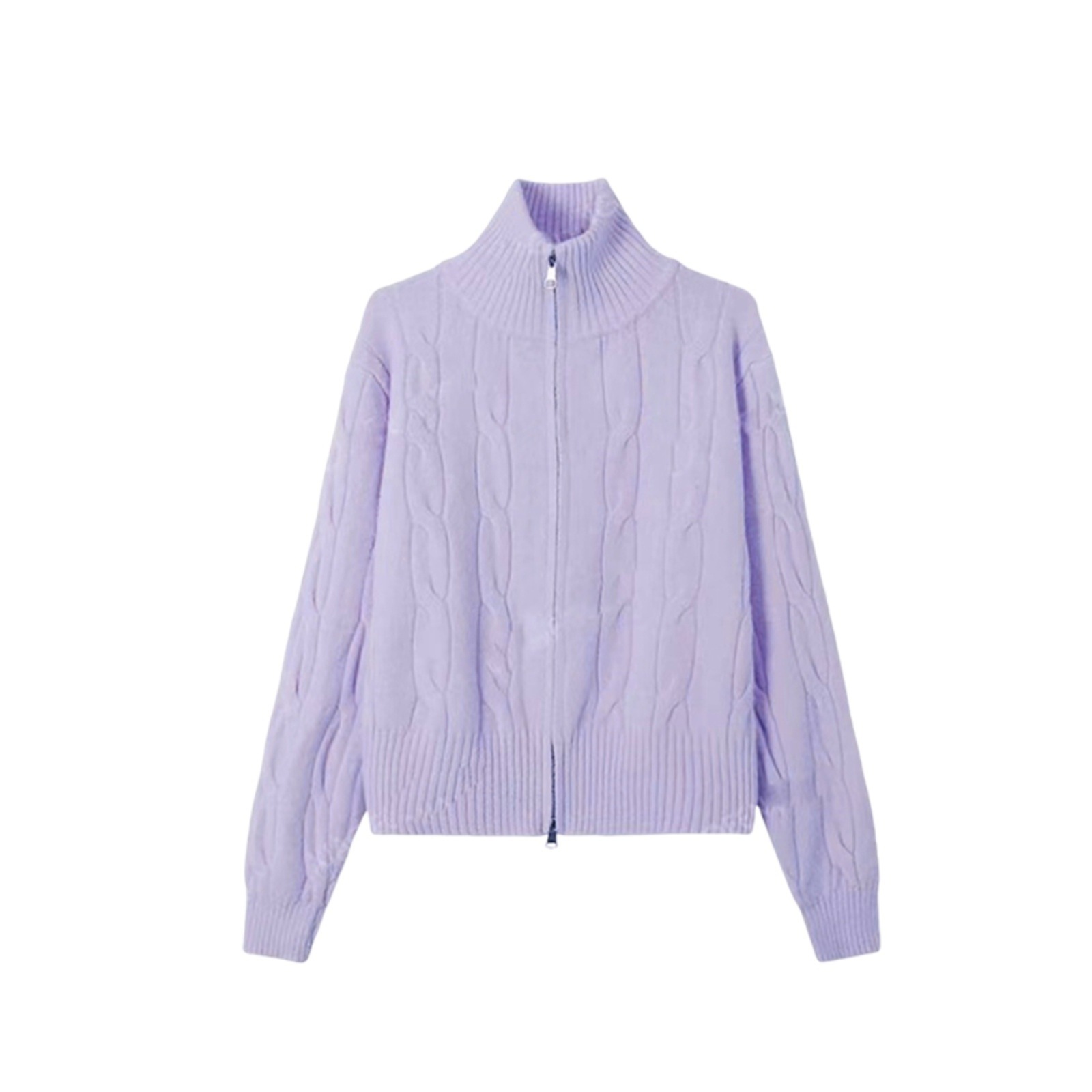 Women's knit sweater with zipper and stand-up collar