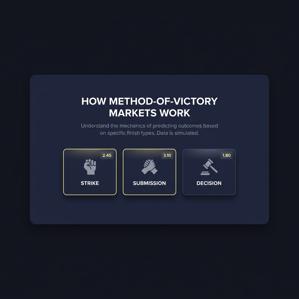 Minimal dark dashboard with three method of victory market tiles and simple icons on a Funded Plays style background illustrating How Method-of-Victory Markets Work