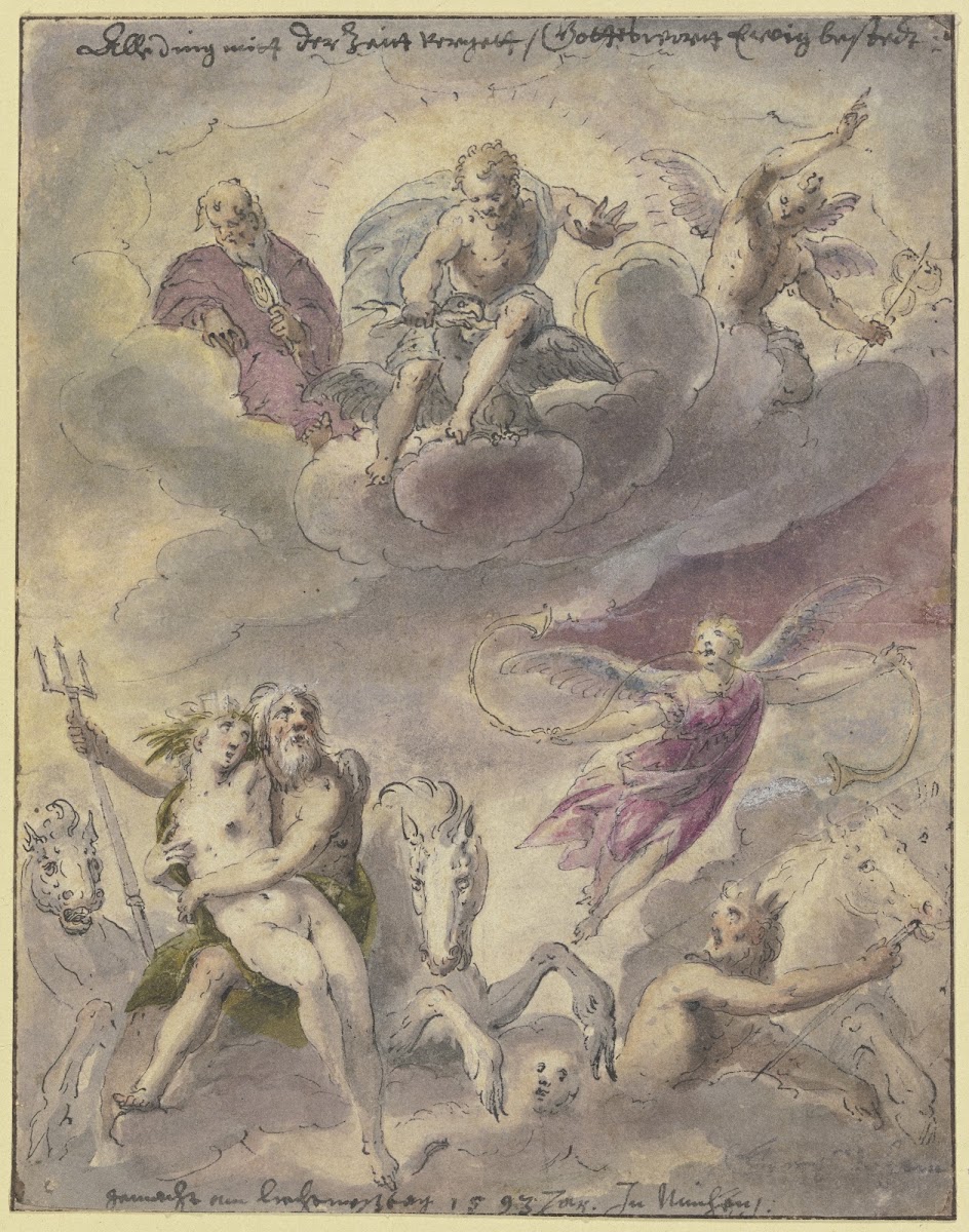 Neptun und Amphitrite mit Seegöttern Pferden und der schwebenden Fama in den Wol