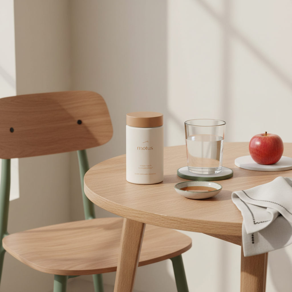 Minimalist breakfast nook with Tonum Motus jar next to a glass of water and a tablespoon of apple cider vinegar for belly fat in soft morning light