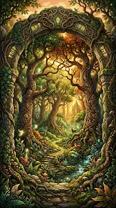 Mystical Forest Scene Through a Natural Tree Archway