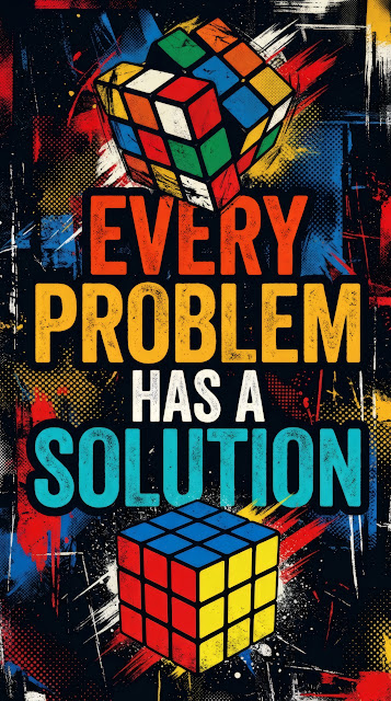Graphic quote wallpaper saying Every Problem Has A Solution featuring scrambled and solved Rubik's cubes on a dark background.