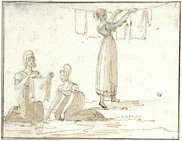 Vrouwen bezig met wassen en drogen van wasgoed